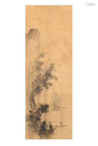 A scroll depicting a mountainous river landscape. Signed Wu Xiao Hua. China, 19th century. Dim.