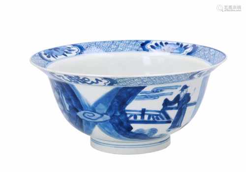 A blue and white porcelain 'klapmuts' bowl, decorated with figures on a terrace. The centre with