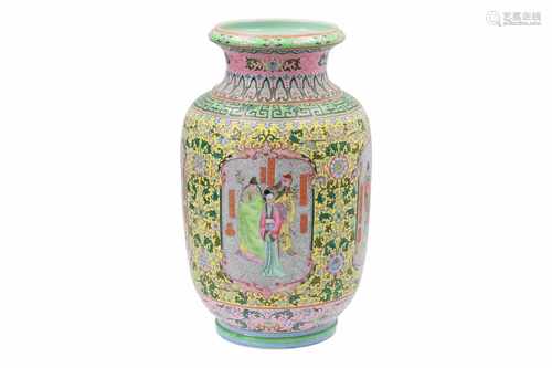 A polychrome porcelain vase, decorated with figures in cartouches and flowers. Marked with seal mark