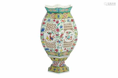 A polychrome porcelain lantern with decor of flowers and flower vases. Unmarked. China, 19th