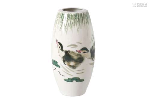 A polychrome porcelain vase, decorated with two ducks and characters. Dated 1997. Signed Hu Jie.