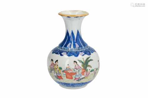 A polychrome porcelain vase, decorated with long Elizas and littly boys in a garden. Marked with 4-