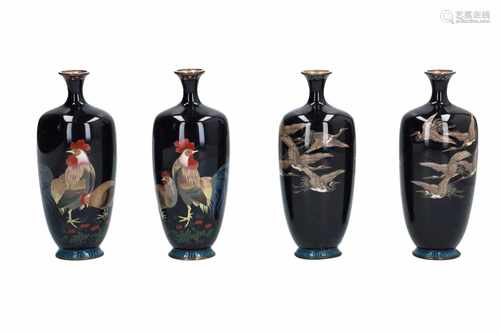 Two pairs of polychrome cloisonné vases, decorated with birds and chicken decor. Unmarked. Japan,