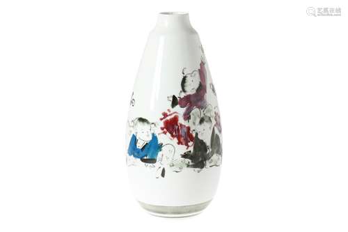 A polychrome porcelain vase, decorated with playing children and characters. Signed Yi Min. Marked