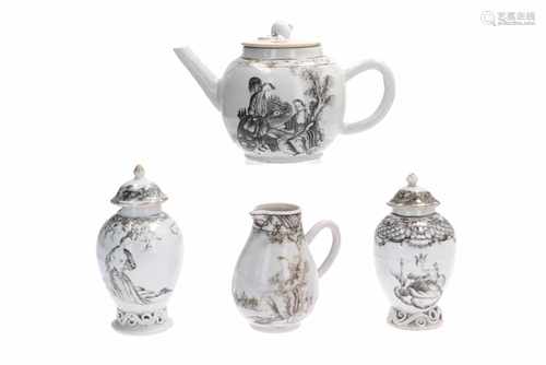 A part of an Encre-de-Chine tea service, including two tea caddies, a milk jug and a teapot.