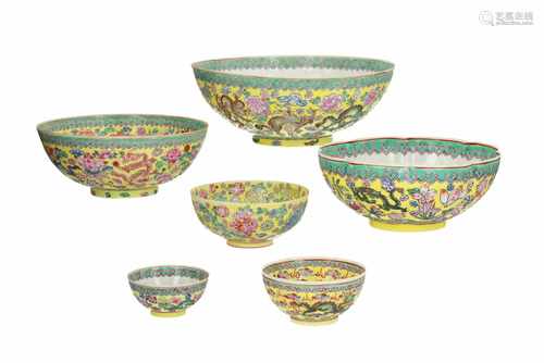 A lot of six polychrome eggshell porcelain bowls, decorated with dragons, phoenixes and flowers. All