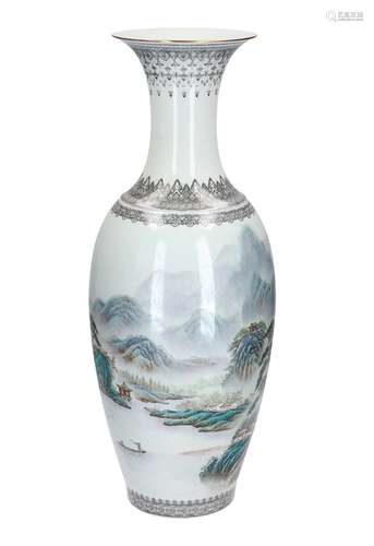 A polychrome porcelain vase, decorated with a mountainous river landscape and a poem. Marked with