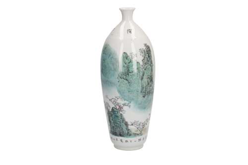 A polychrome porcelain vase, decorated with a mountainous landscape. Dated 1990. Signed Wang Qiu Xia
