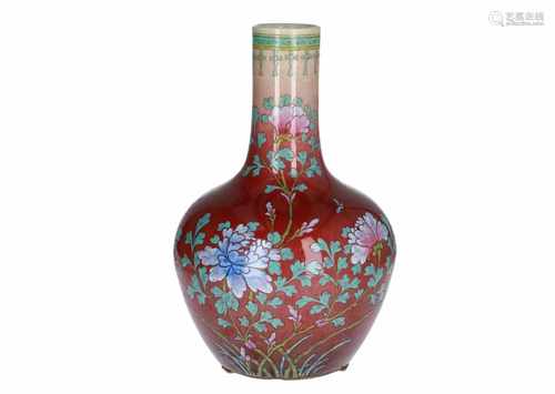 A polychrome porcelain longneck vase, decorated with flowers and butterflies. Unmarked. China,