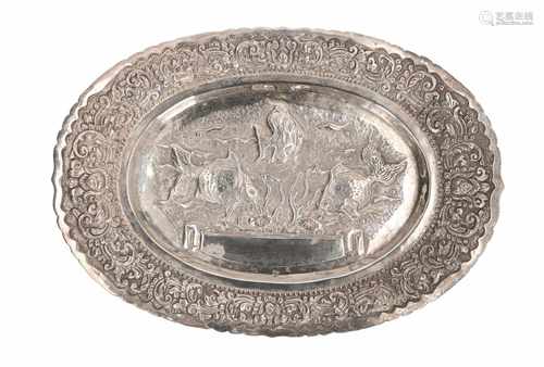 Djokja silver dish with relief decor of fish and flowers. Indonesia, 19th century. Weight 370 gr. L.