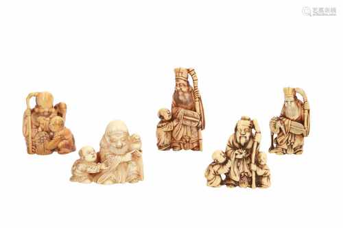 Lot of two netsuke seals, one seal ojime and four netsuke, 1) Ivory netsuke, dragon. Signed