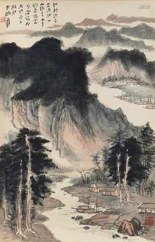 Scroll depicting a mountainous river landscape with boats and houses. After Zhang Da Qian. China.