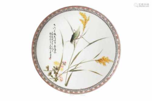A polychrome porcelain dish, decorated with grasshopper on flowers. Dated 1950. Signed Jiang Xi