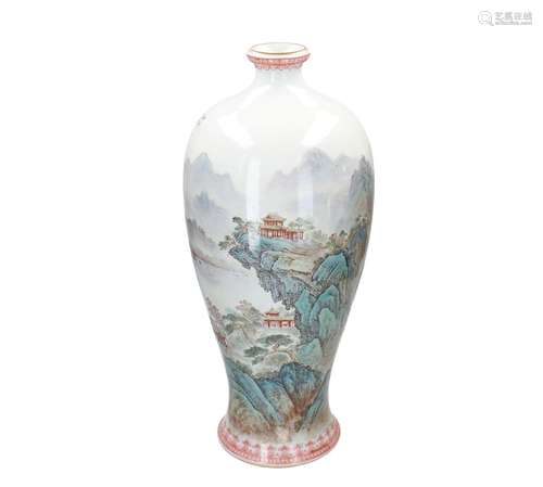 A polychrome porcelain Meiping vase, decorated with mountainous river landscape and characters.