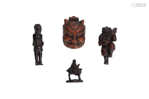 Lot of four netsuke, 1) Wooden Oni mask and samurai. H. 6 cm. 2) Wooden drummer with shishi mask. H.