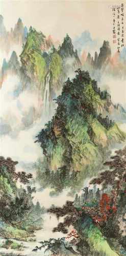 Scroll depicting a mountainous landscape. Signed. China, 20th century. Dim. 136 x 68 cm.