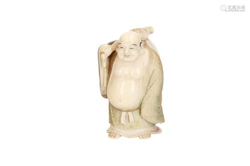 Ivory okimono of sitting Daikoku with rat on his hand. Next to him a bag and hammer, in front a