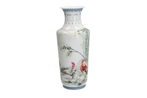 A polychrome porcelain vase, decorated with roosters and bamboo. Dated 2001, made by Jingdezhen