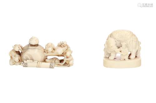 Lot of four netsuke, 1) Ivory reclining shishi. L. 4 cm. 2) Ivory reclining shishi. L. 4,5 cm. 3)