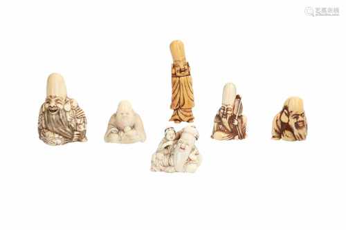 Lot of six netsuke, 1) Ivory Ebisu and Daikoku drinking tea, with rat, hammer, fish and bag as