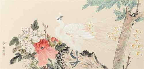 A scroll in frame depicting a peacock amidst flowers on a rock. China, 20th century. Dim. 46 x 96