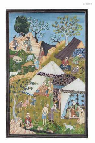 A painting on silk depicting figures and animals in and around tents. India, 19th century. Dim.