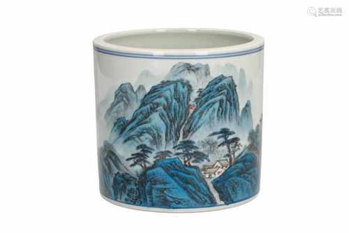 A polychrome porcelain brush pot, decorated with a mountainous landscape and characters. Dated 1990.