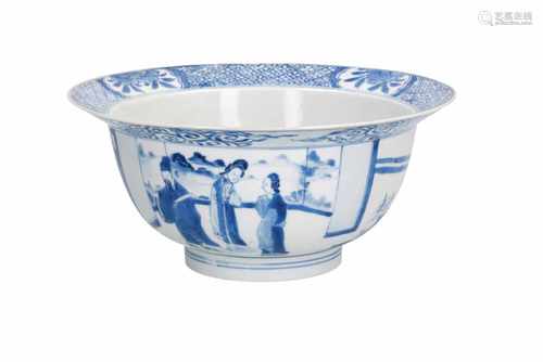 A blue and white porcelain 'klapmuts' bowl, decorated with figures in a garden. Marked with 6-