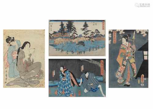 A lot of four woodblock prints, depicting different scenes with figures. Signed. Japan.