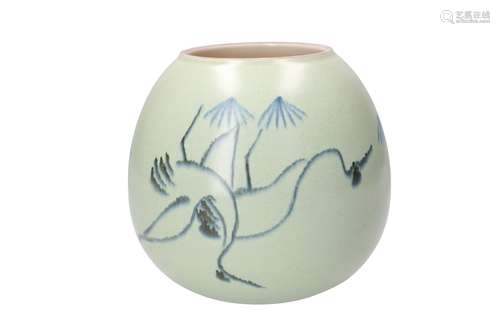 A blue and celadon porcelain jar, decorated with birds. Dated 1990. Created by Xin Ting (1966).