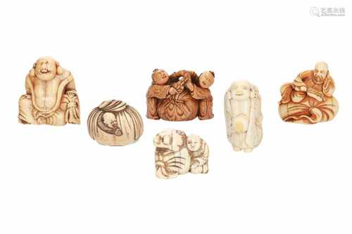 Lot of six netsuke, 1) Ivory Ebisu with fish. L. 4 cm. 2) Ivory Hotei in bag. H. 2 cm. 3) Ivory