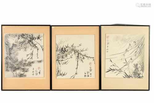 Set of three watercolor paintings depicting branches. Signed. China, 20th century. Dim. 27 x 24 cm.