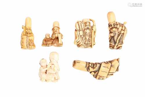 Lot of five netsuke, 1) Ivory with paint, Daikoku sitting on rice bag with bag, hammer and rats.