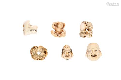 Lot of five netsuke, 1) Ivory Jurojin. L. 7 cm. 2) Staghorn Fukurokuju. H. 10,5 cm. 3) Staghorn