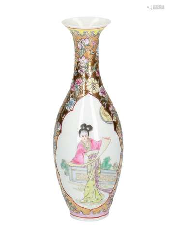 A polychrome eggshell porcelain vase, decorated with ladies and flowers. Marked with seal mark.