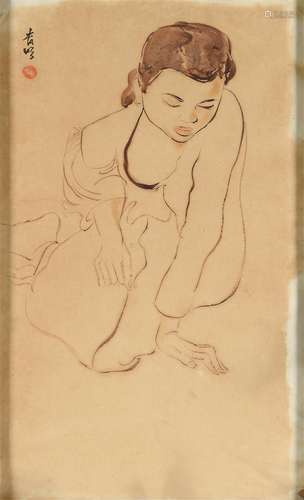 'Seated woman', signed t.l., watercolor. Dim. 63 x 37,5 cm.