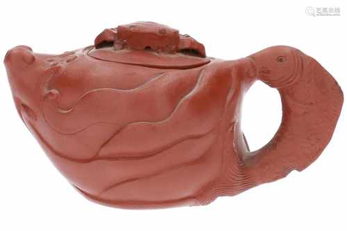 A Yixing teapot with handle in the shape of a fish and knob in the shape of a crab. Unmarked. China,