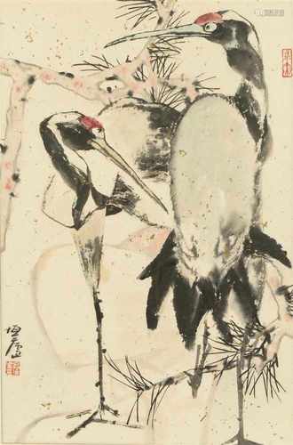 A scroll depicting two cranes. Signed. China, 20th century. Dim. 64,5 x 42 cm.