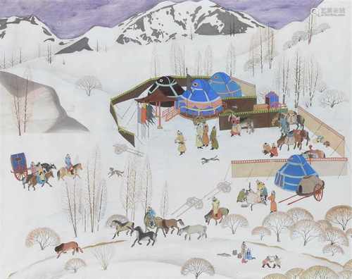 An ink / watercolor painting, depicting an encampment with horses and horsemen. Unsigned. China,