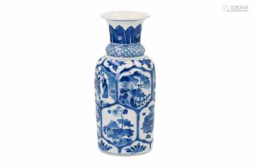 A cylindrical-shaped blue and white porcelain vase with lobed neck, decorated with fifteen