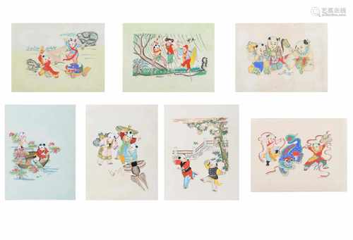 A lot of seven watercolour paintings, depicting playing children in different scenes. China, 20th