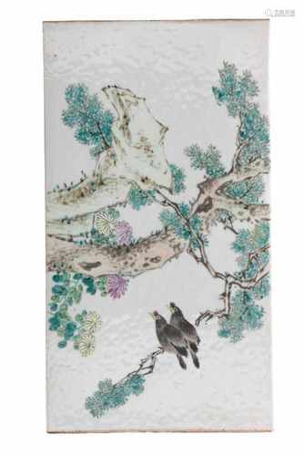 A rectangular polychrome porcelain plaque, depicting birds in a tree. Marked with characters on