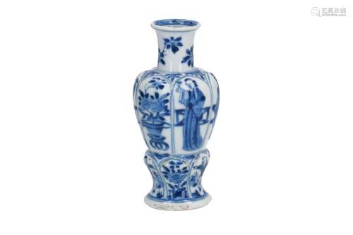 A blue and white porcelain miniature vase, decorated with figures and long Elizas. Marked with