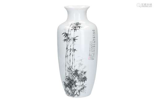 A polychrome porcelain vase, decorated with bamboo and a poem. Dated 1998. Signed Du Ming Sheng,