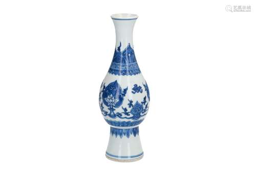 A blue and white porcelain vase with flaring rim, decorated with flowers, fungus, lotus flowers