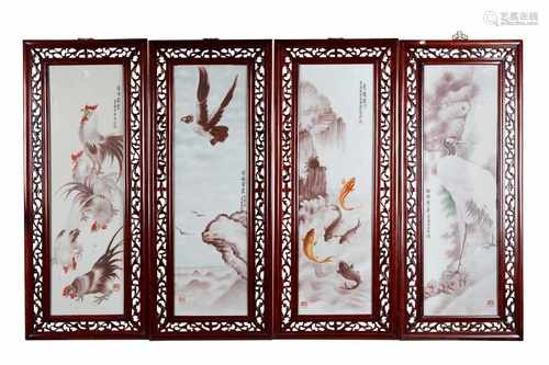 Lot of four rectangular polychrome porcelain plaques in wooden frames, depicting 1) a crane, 2) five