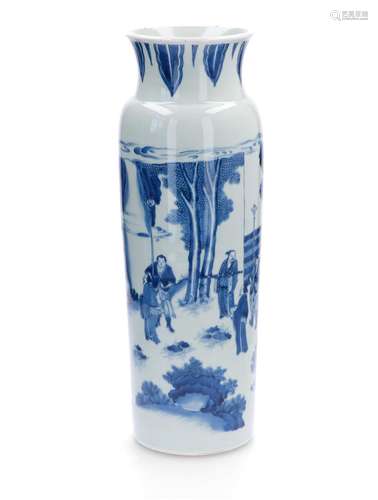 A large blue and white porcelain rouleau vase, decorated with figures in a landscape. Unmarked.