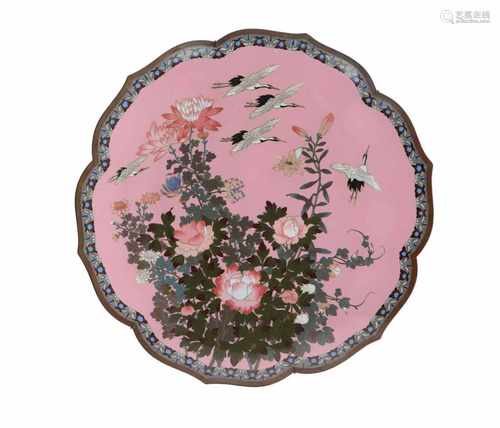 A large polychrome cloisonné enamel charger, decorated with peonies and cranes. Unmarked. Japan,