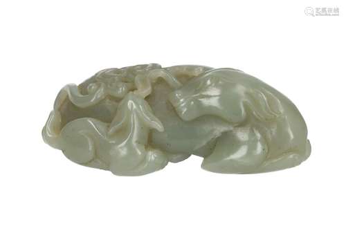 A celadon jade sculpture, depicting deer and lingzhi. China, 19th century. L. 8,5 cm. 羊衔灵芝青玉摆件 年代：中国