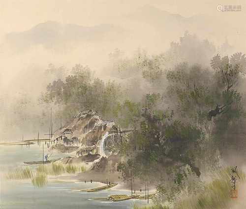 Scroll depicting a mountainous river landscape with boats and water wheel. Signed. China, 20th